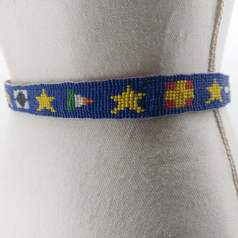 CDE Belt Size 28 Women Leather Tips Hand Beaded Star Flags